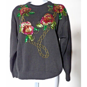 Jessica Roberts Vintage Sweater Medium Knit Sequins Floral 80s 90s Pullover READ